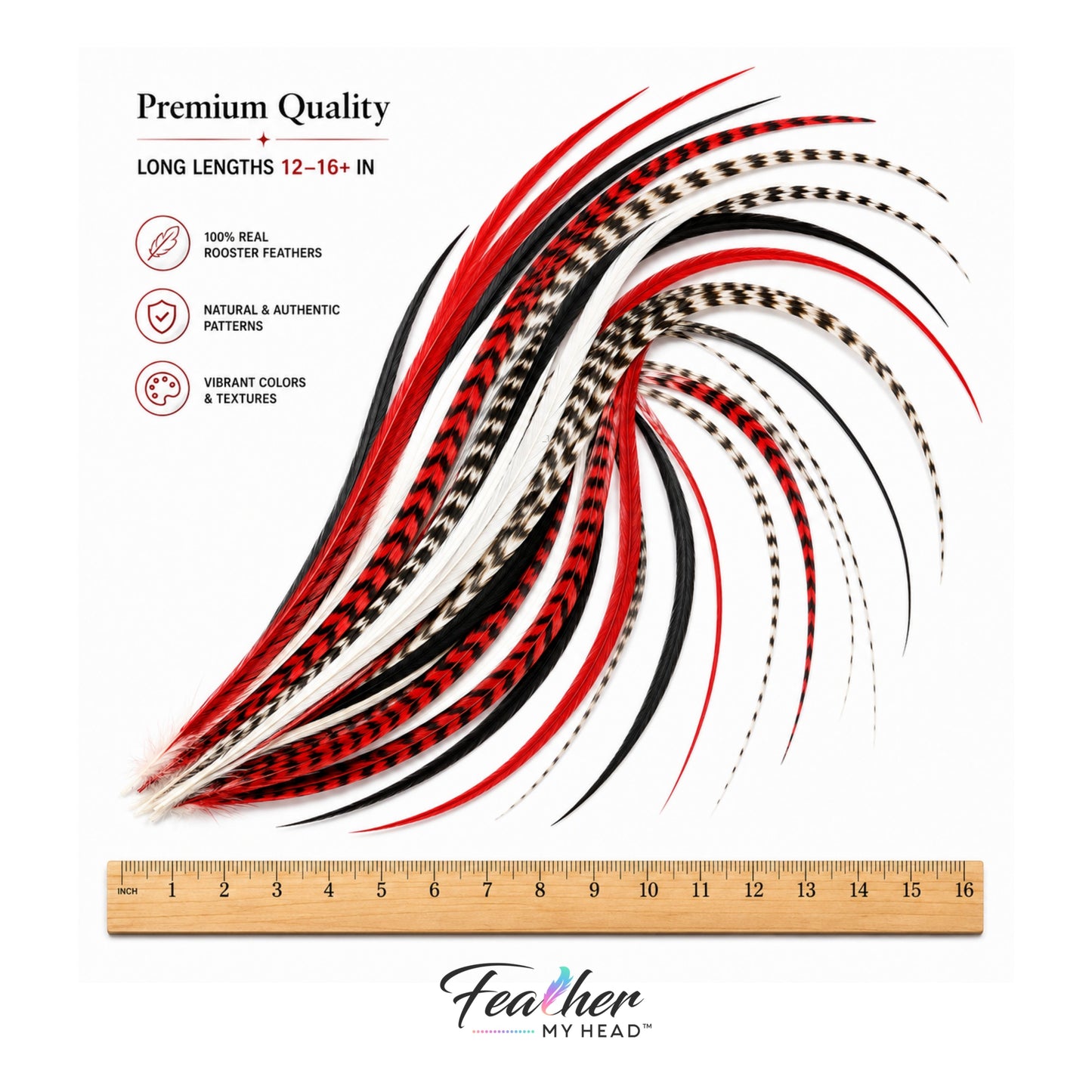 Vixen - Red, Black & White Feather Hair Extensions
