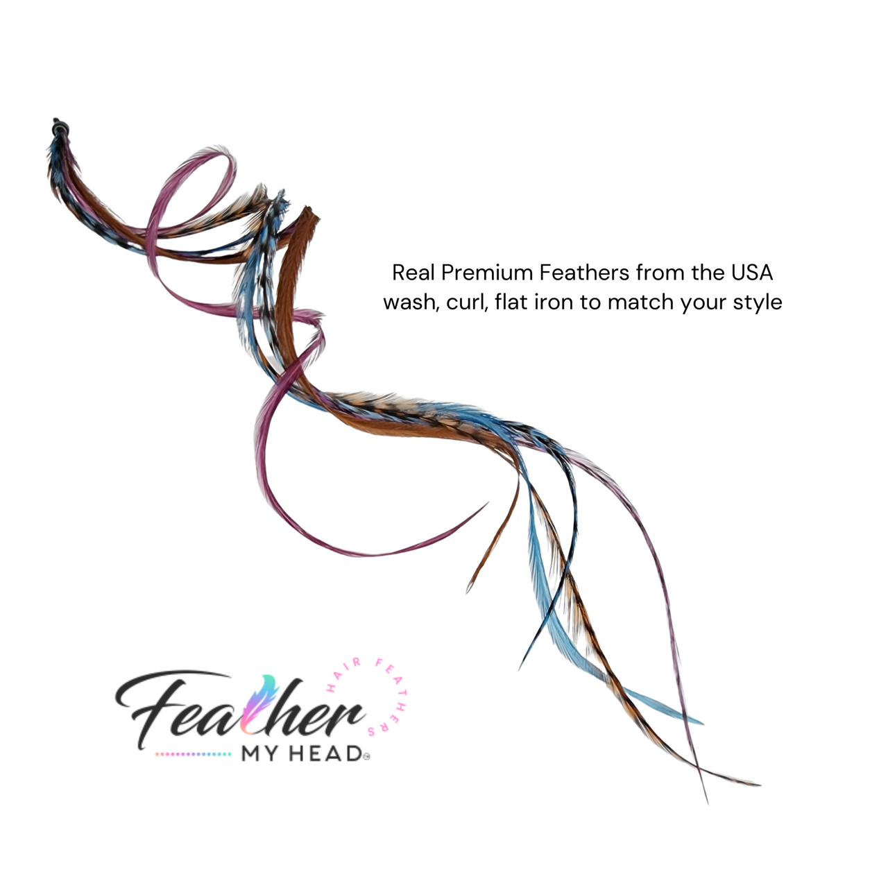 Feather Hair Extension Kit by Feather My Head. Mix of Blue Feathers, Plum Purple Feathers, Brown Feathers. Real hair feathers in long lengths. Halloween costume accessory