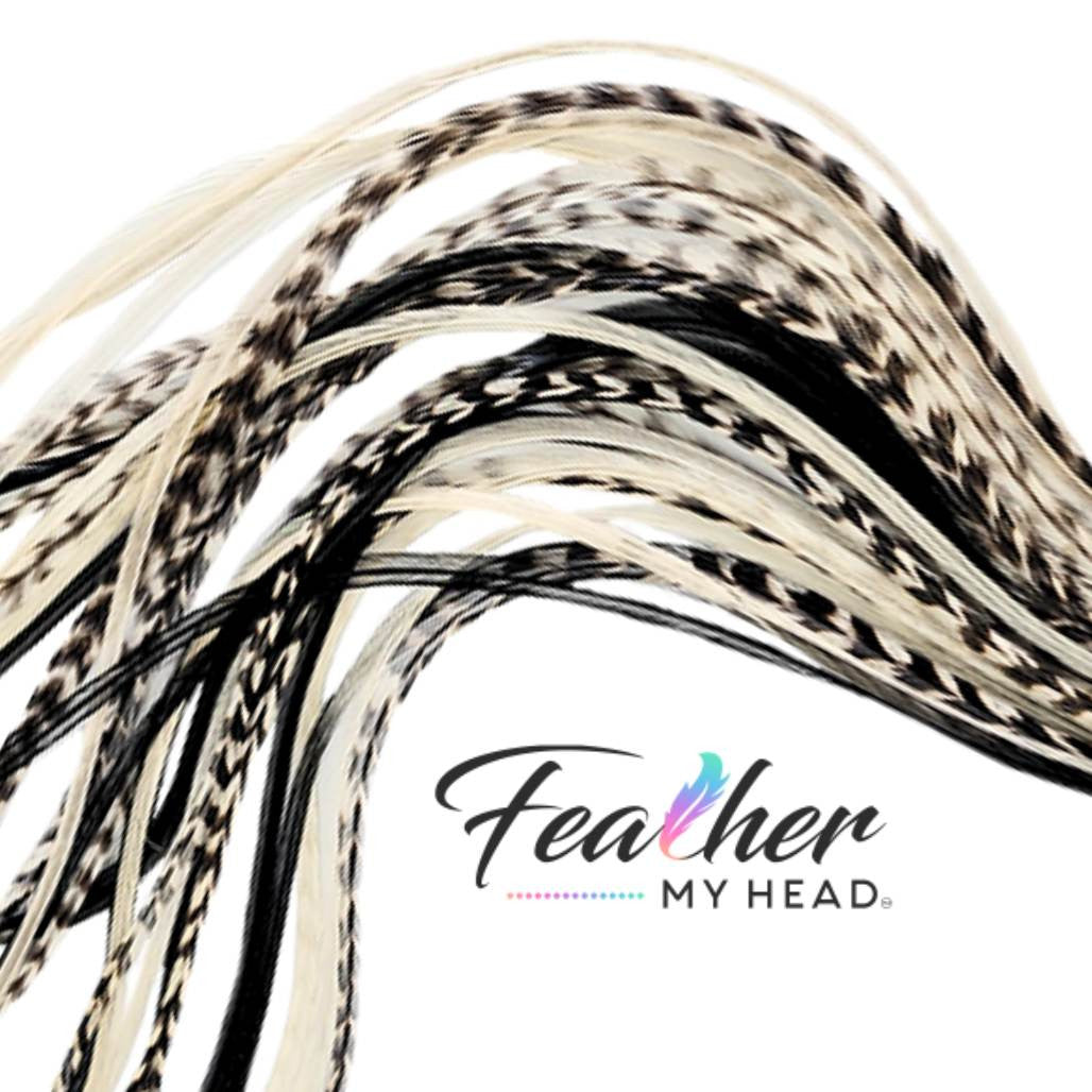 Hair Feather Extension Collection of hair feathers in soft natural earthy shades of black and white grizzly and white-cream colors.
Select your length with hair feathers over 16 inches long. Optional feather kit makes installing your feathers at home a cinch with instructions and photos