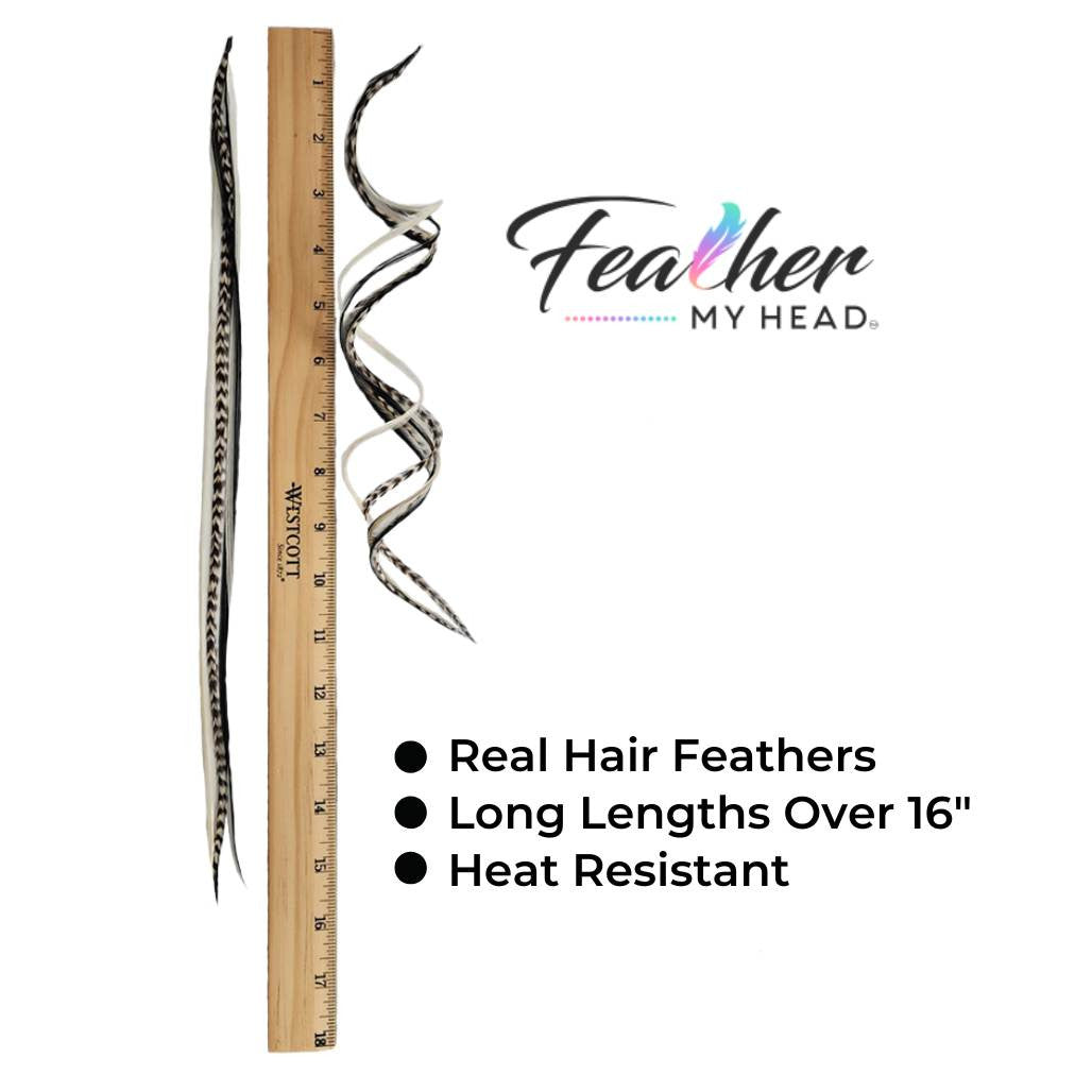 Hair Feather Extension Collection of hair feathers in soft natural earthy shades of black and white grizzly and white-cream colors.
Select your length with hair feathers over 16 inches long. Optional feather kit makes installing your feathers at home a cinch with instructions and photos