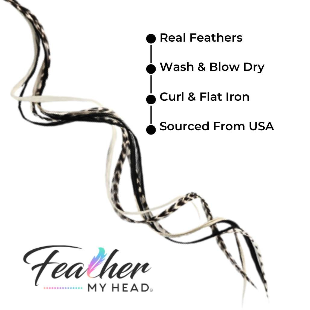 Hair Feather Extension Collection of hair feathers in soft natural earthy shades of black and white grizzly and white-cream colors.
Select your length with hair feathers over 16 inches long. Optional feather kit makes installing your feathers at home a cinch with instructions and photos