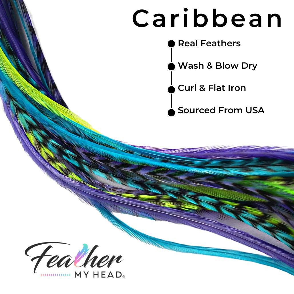 Caribbean Hair Feather Extensions in a mix of purple, turquoise blue and green premium hair feathers. Optional feather kit and long lengths available