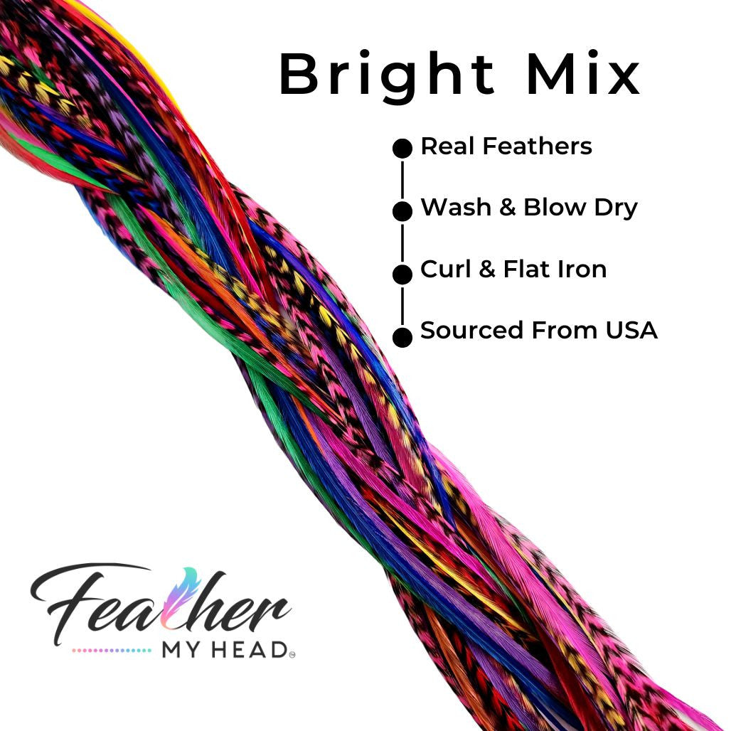 Our collection contains 16 real hair feathers in vibrant colors including pink, purple, blue, green, yellow, red, and orange — all conveniently packaged in one salon bulk pack.
With many lengths to choose from (10 to 12 inches; 12 to 14 inches; 14 to 16 inches; and mega long over 16 inches), our feathers guarantee a perfect fit every time. Plus, they’re premium grade, heat resistant, and have been tested extensively to hold up against curl, flat iron, and blow dry styles.