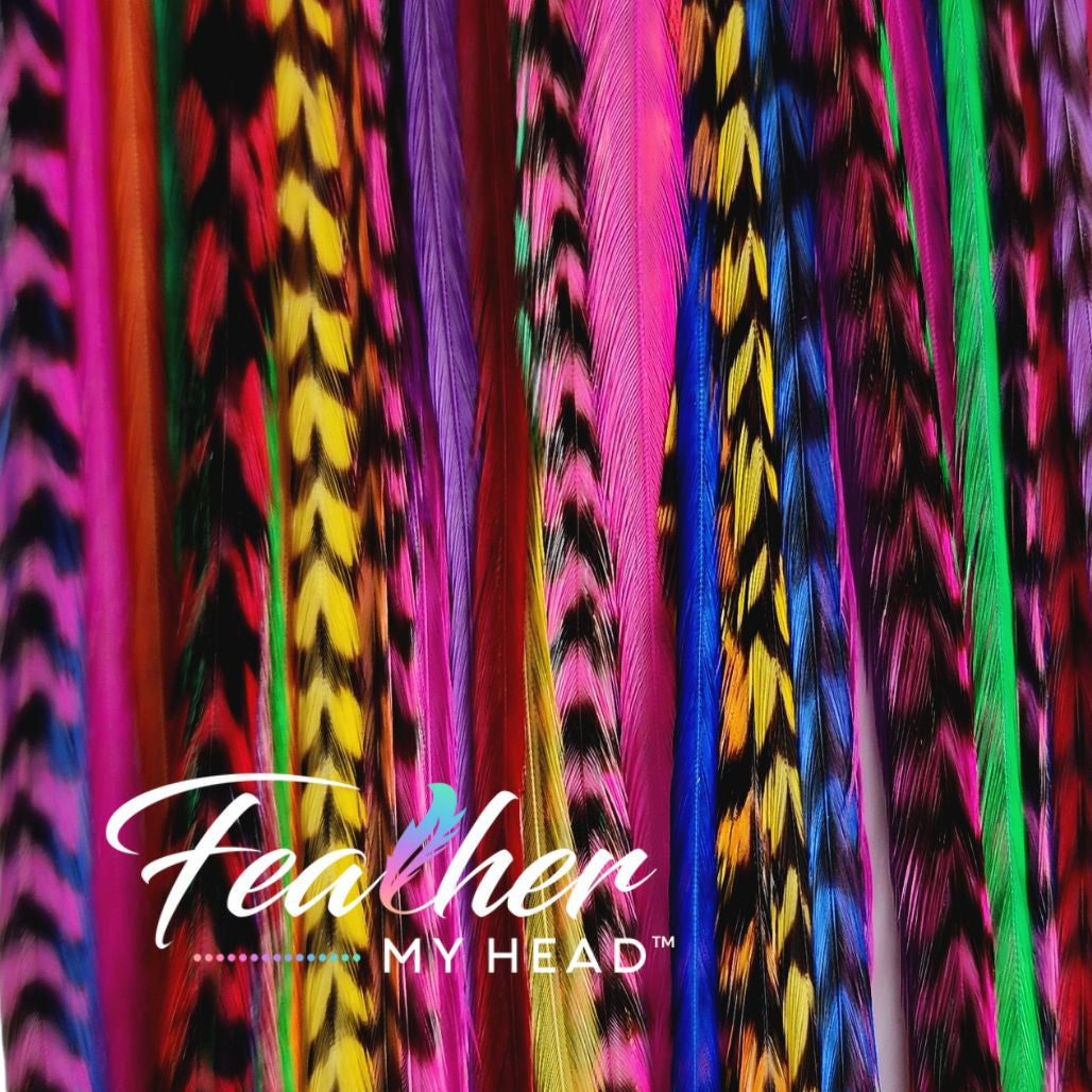 Our collection contains 16 real hair feathers in vibrant colors including pink, purple, blue, green, yellow, red, and orange — all conveniently packaged in one salon bulk pack.
With many lengths to choose from (10 to 12 inches; 12 to 14 inches; 14 to 16 inches; and mega long over 16 inches), our feathers guarantee a perfect fit every time. Plus, they’re premium grade, heat resistant, and have been tested extensively to hold up against curl, flat iron, and blow dry styles.