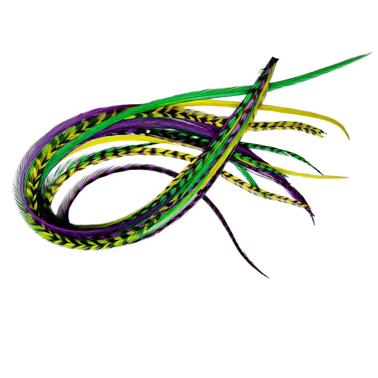 Add festive Mardi Gras hair feathers to your carnival look with our premium purple, green, and gold feather extensions that bring the spirit of New Orleans.