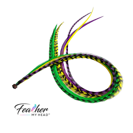 Add festive Mardi Gras hair feathers to your carnival look with our premium purple, green, and gold feather extensions that bring the spirit of New Orleans.