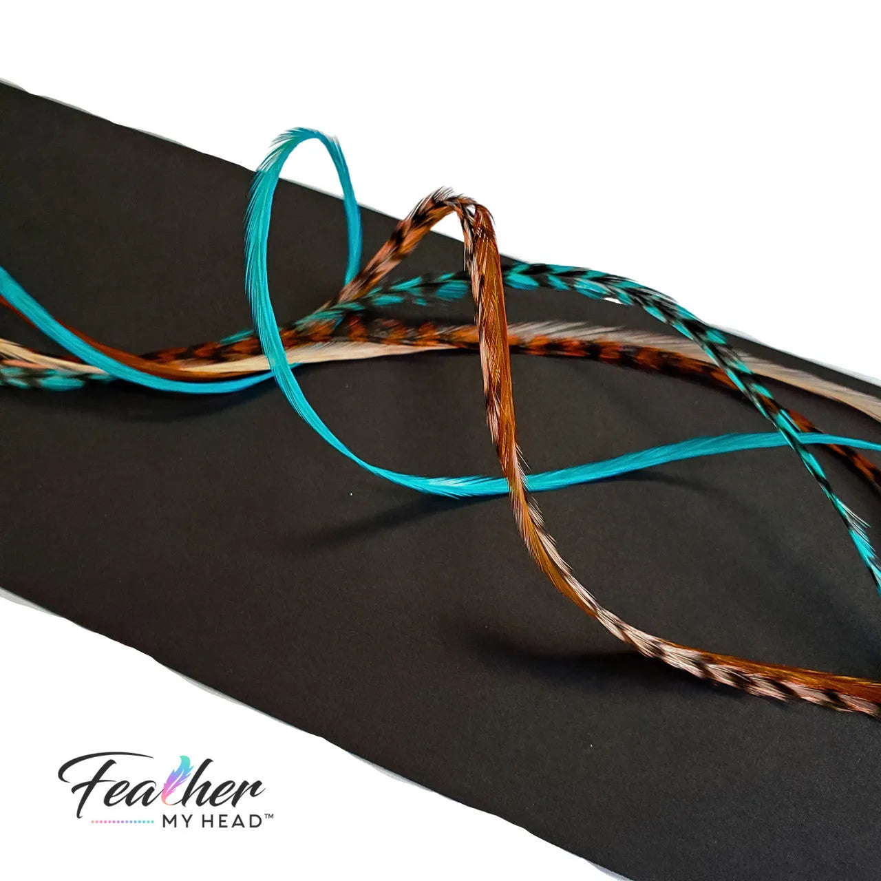 Santa Fe Hair Feather Extension Collection is one of our most popular mixes of hair feathers with hair feathers dyed in colors of Turquoise Blue, Coral and Ginger Brown.