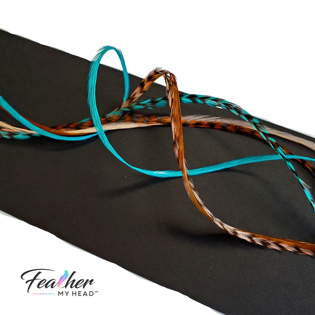 Santa Fe Hair Feather Extension Collection is one of our most popular mixes of hair feathers with hair feathers dyed in colors of Turquoise Blue, Coral and Ginger Brown.