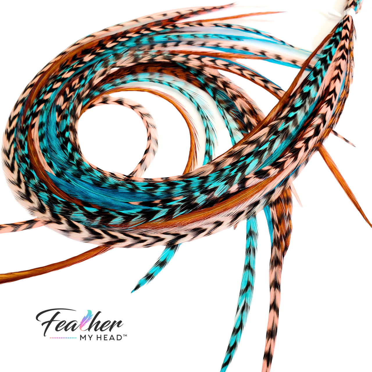 Santa Fe Hair Feather Extension Collection is one of our most popular mixes of hair feathers with hair feathers dyed in colors of Turquoise Blue, Coral and Ginger Brown.