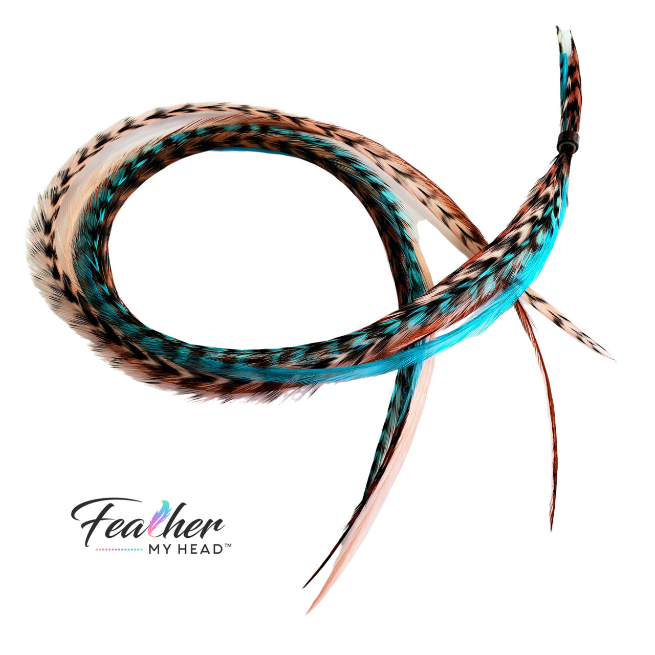 Santa Fe Hair Feather Extension Collection is one of our most popular mixes of hair feathers with hair feathers dyed in colors of Turquoise Blue, Coral and Ginger Brown.