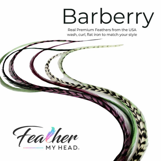 Barberry Hair Feather Extension Collection of hair feathers dyed colors of Plum Purple, Moss Green, Sage Green and Natural Grizzly.