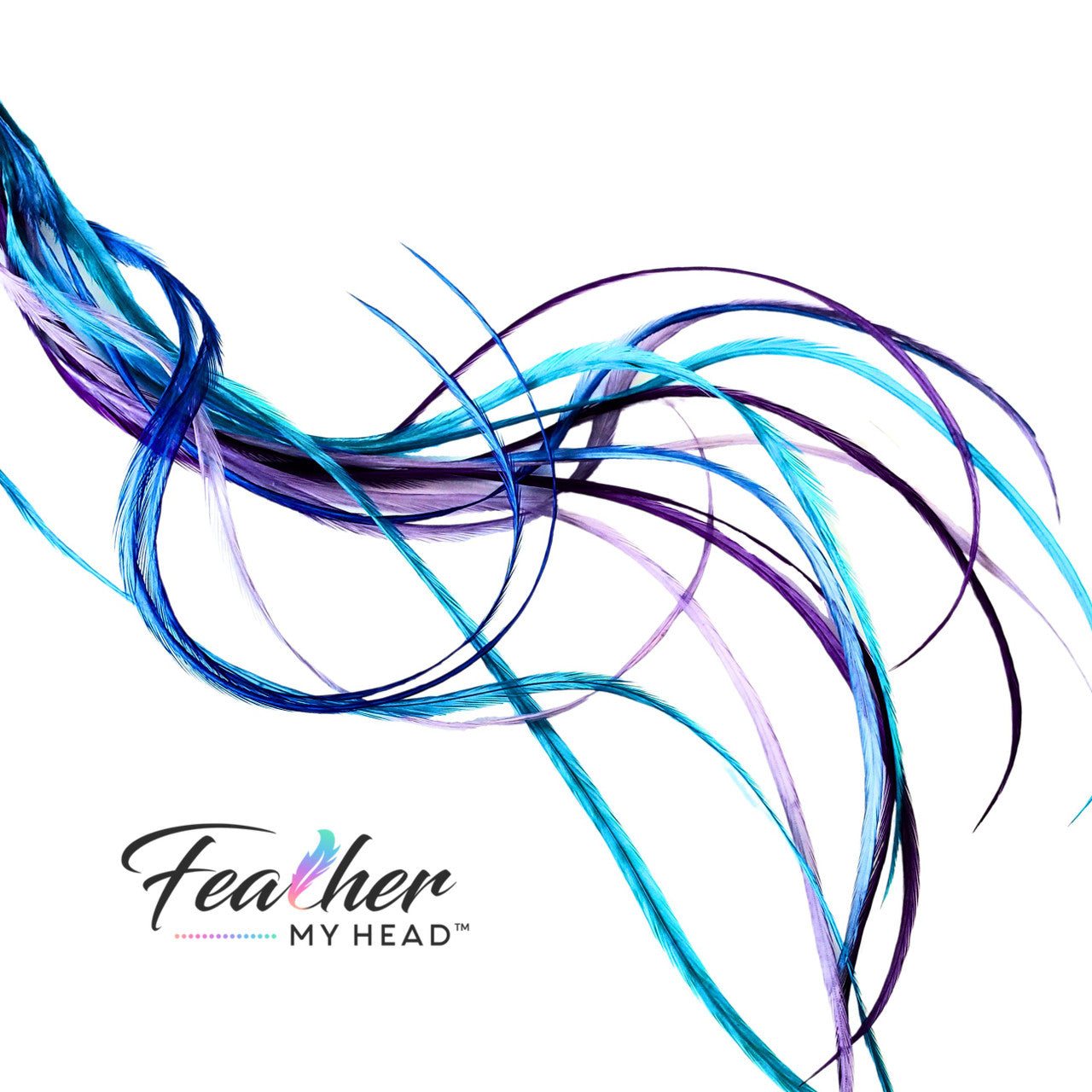 Hair Feather Extensions - Dancing Waters - A mesmerizing fusion of purple, blue, and turquoise hues that evoke the graceful movements and tranquility of water. These long feather extensions available over 16 inches are the perfect way to embellish your hair with the serene beauty of a sun-kissed lagoon.