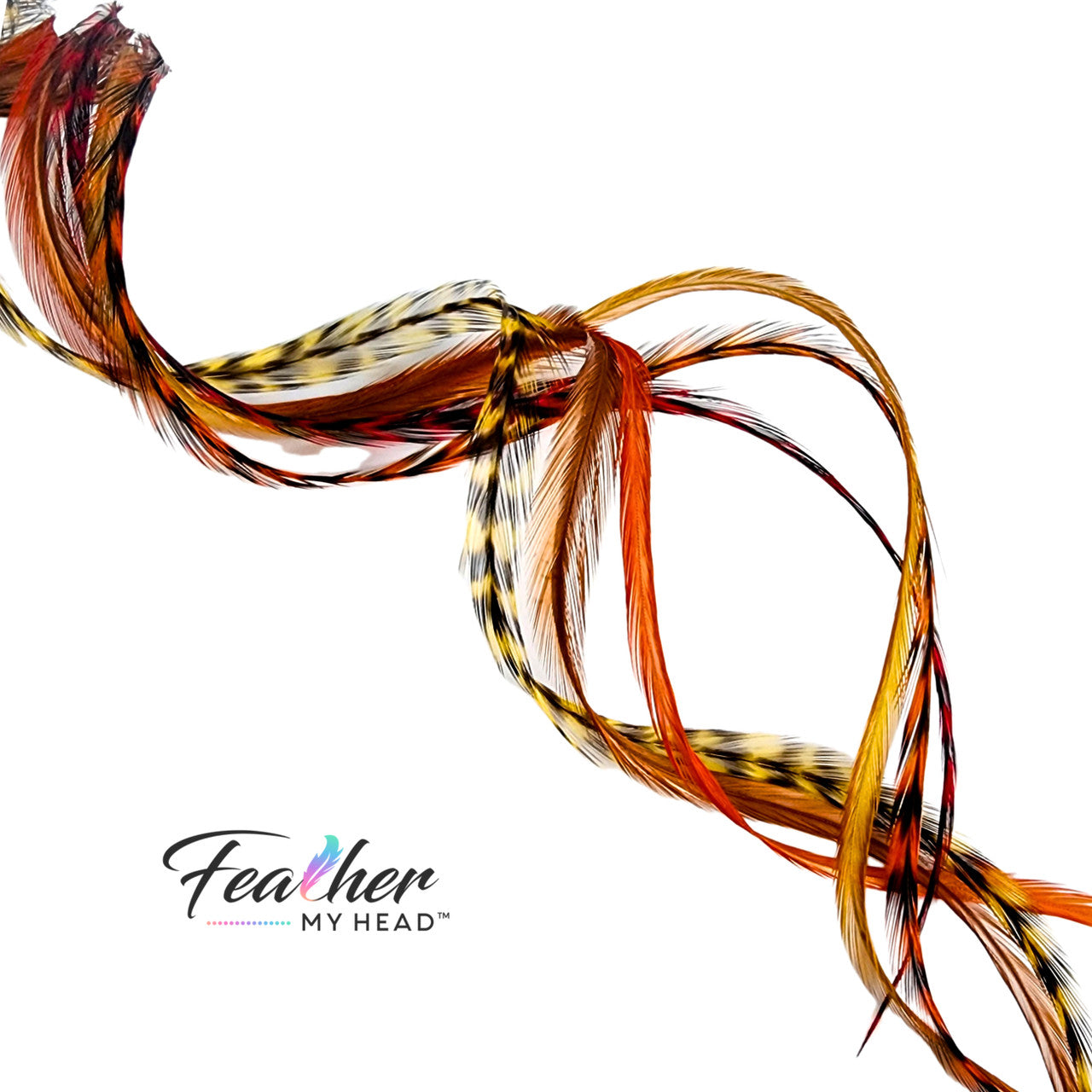 Feather Hair Extension Kit by Feather My Head. Mix of brown, butterscotch yellow, orange and red feathers. Real hair feathers in long lengths.