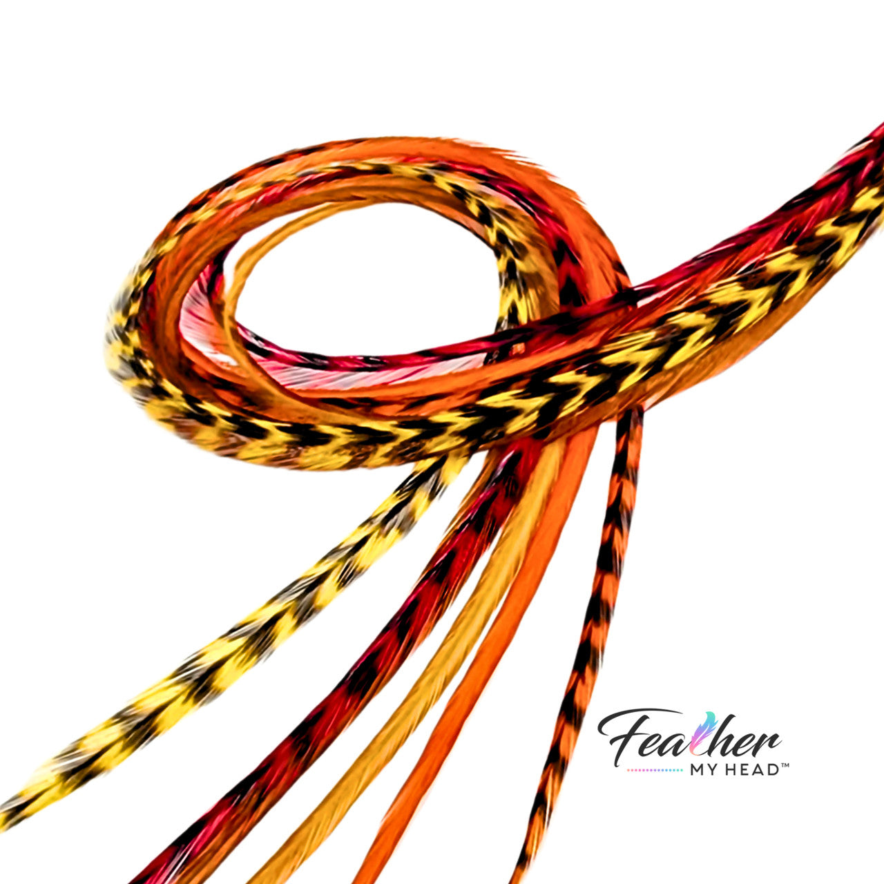 Feather Hair Extension Kit by Feather My Head. Mix of brown, butterscotch yellow, orange and red feathers. Real hair feathers in long lengths.