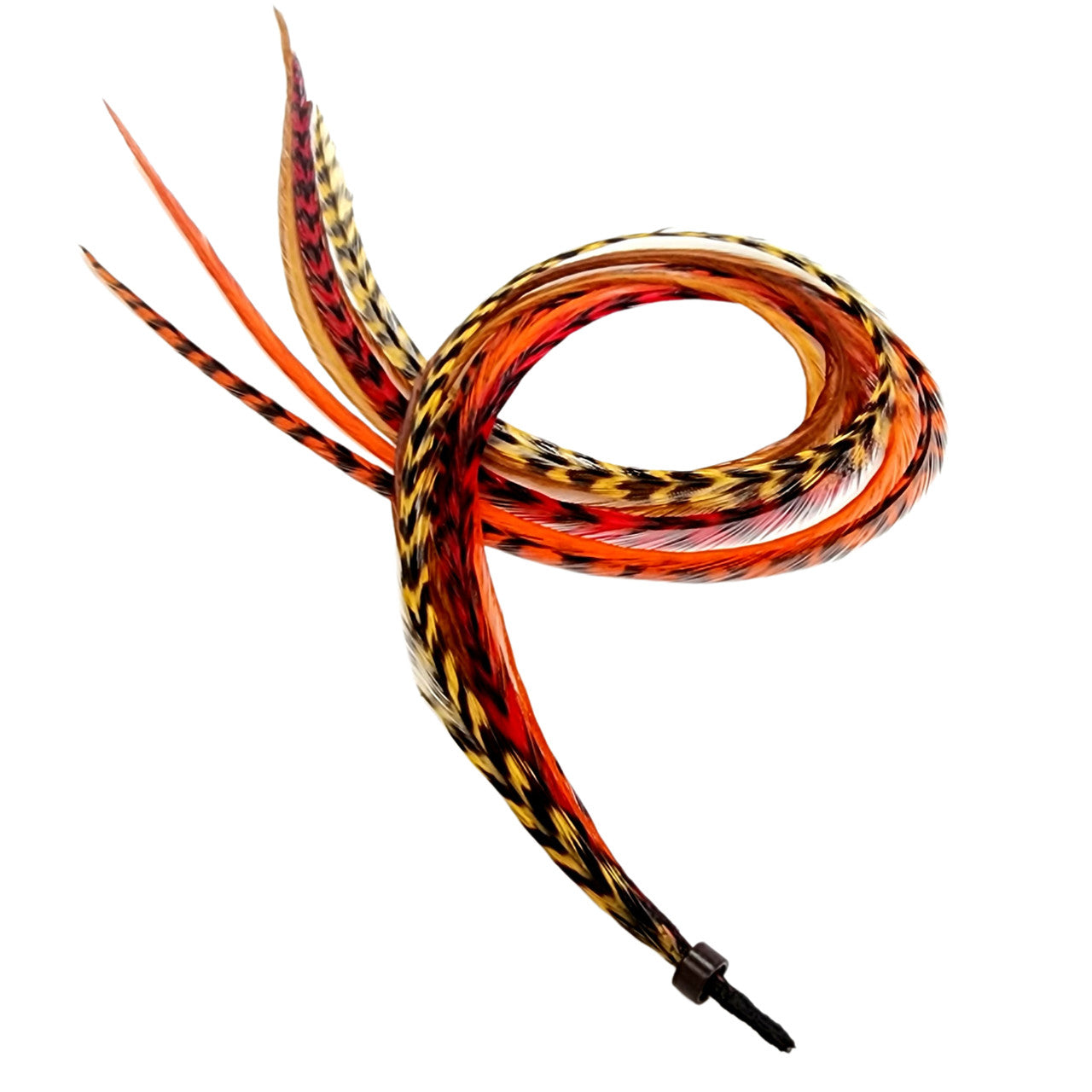 Feather Hair Extension Kit by Feather My Head. Mix of brown, butterscotch yellow, orange and red feathers. Real hair feathers in long lengths.