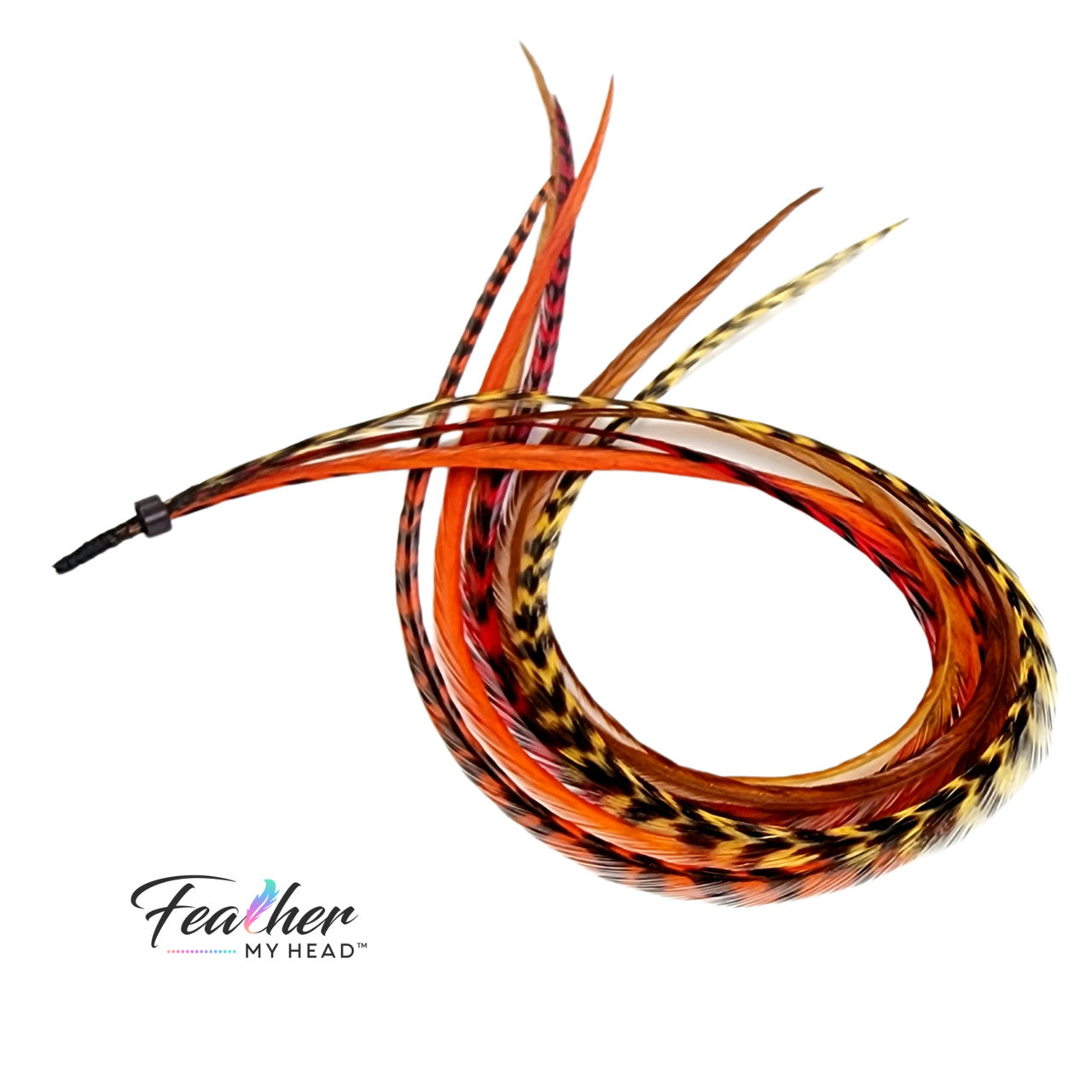 Feather Hair Extension Kit by Feather My Head. Mix of brown, butterscotch yellow, orange and red feathers. Real hair feathers in long lengths.