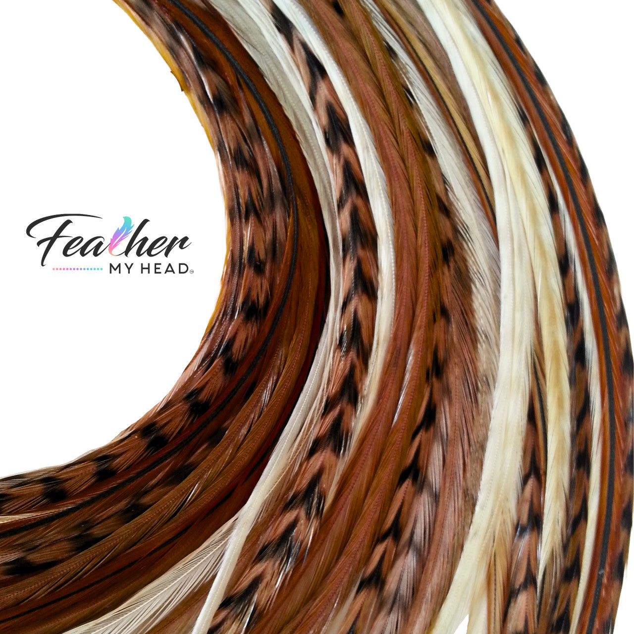 Tan Fannies Hair Feather Extension Collection of hair feathers in soft, earthy, natural tones of Fawn, Natural Ghost Grizzly, and Brown.