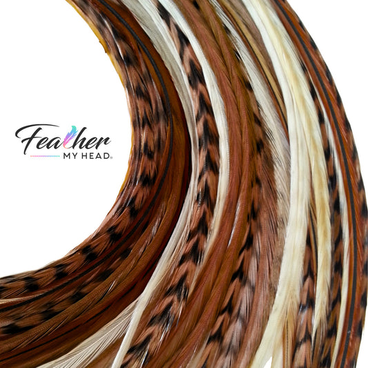 Tan Fannies Hair Feather Extension Collection of hair feathers in soft, earthy, natural tones of Fawn, Natural Ghost Grizzly, and Brown.