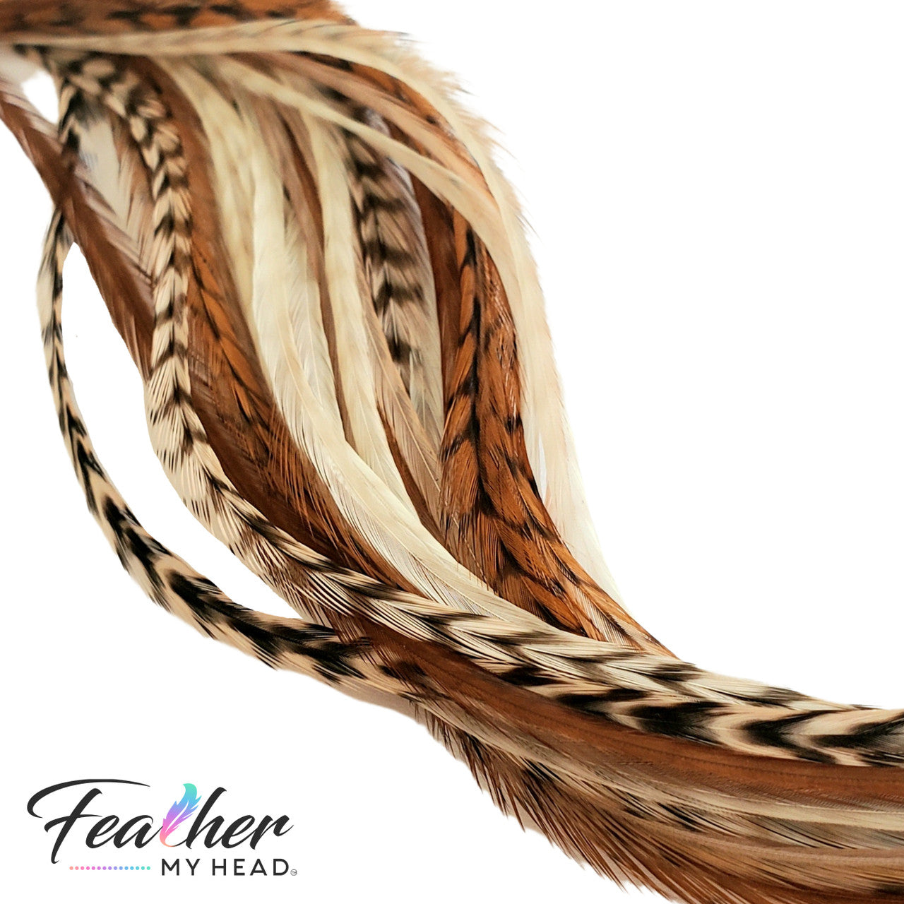 Tan Fannies Hair Feather Extension Collection of hair feathers in soft, earthy, natural tones of Fawn, Natural Ghost Grizzly, and Brown.