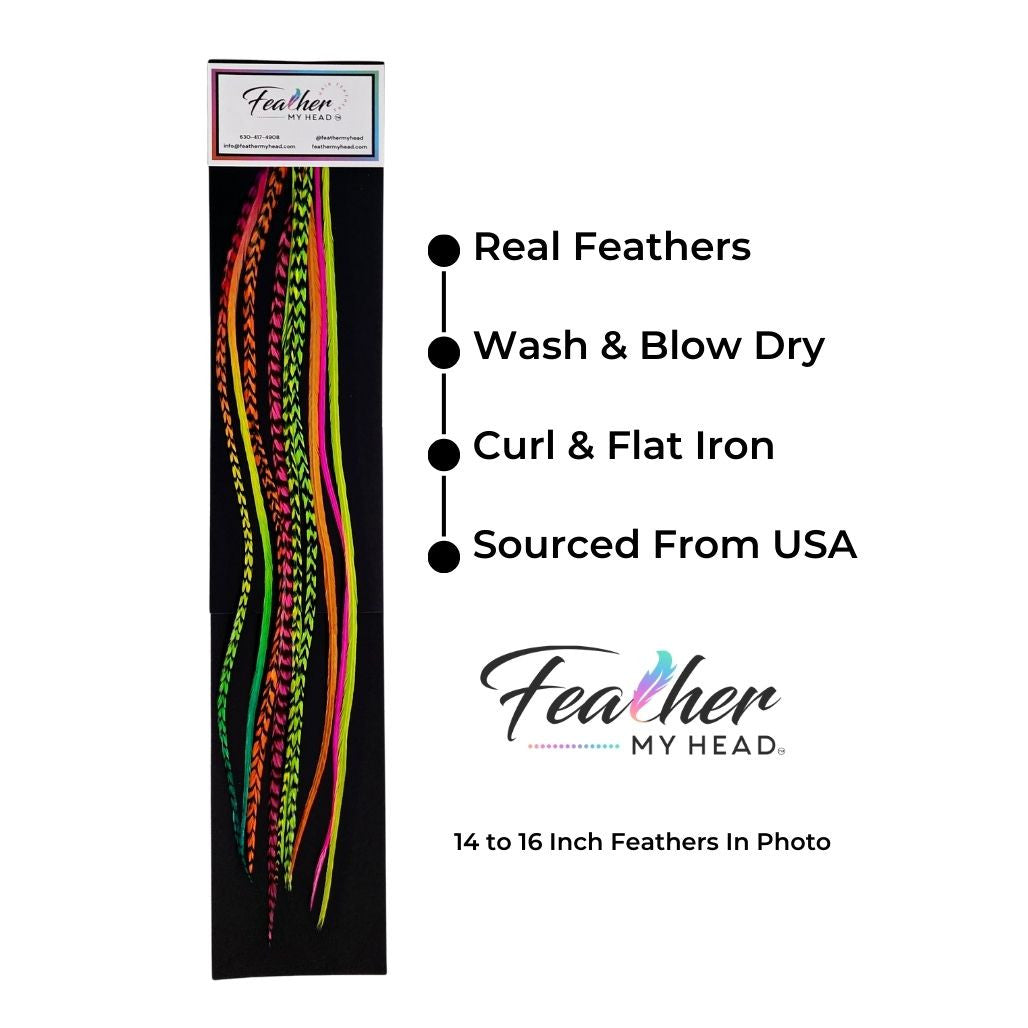 Add a touch of fun and color to your hair with Feather My Head Hair Feather Extension Package. This package includes 10 loose hair feathers, with 5 stunning neon colors of green, pink, orange, yellow, and a unique rainbow tie-dye feather called Butterfly Kisses. These premium grade hair feathers are made with 100% real and natural rooster feathers, ensuring their authenticity and quality. You can wash, blow dry, and curl these feathers just like your natural hair, giving you versatile styling options