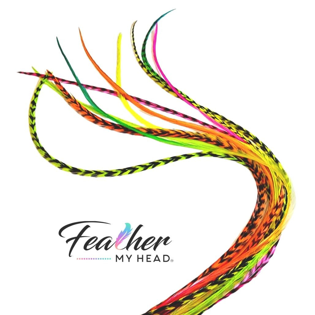Add a touch of fun and color to your hair with Feather My Head Hair Feather Extension Package. This package includes 10 loose hair feathers, with 5 stunning neon colors of green, pink, orange, yellow, and a unique rainbow tie-dye feather called Butterfly Kisses. These premium grade hair feathers are made with 100% real and natural rooster feathers, ensuring their authenticity and quality. You can wash, blow dry, and curl these feathers just like your natural hair, giving you versatile styling options