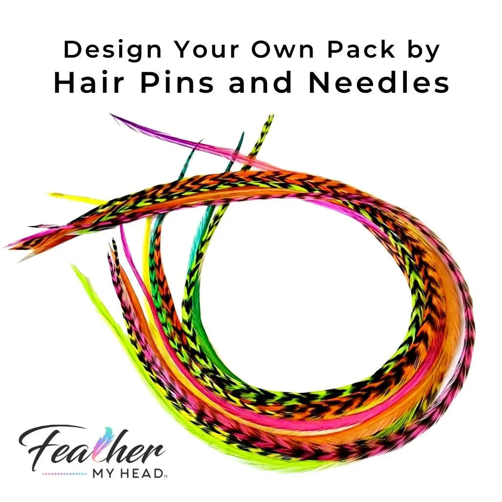Add a touch of fun and color to your hair with Feather My Head Hair Feather Extension Package. This package includes 10 loose hair feathers, with 5 stunning neon colors of green, pink, orange, yellow, and a unique rainbow tie-dye feather called Butterfly Kisses. These premium grade hair feathers are made with 100% real and natural rooster feathers, ensuring their authenticity and quality. You can wash, blow dry, and curl these feathers just like your natural hair, giving you versatile styling options