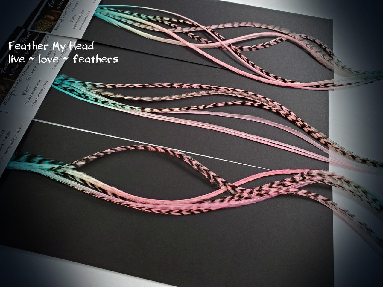 Rainbow hair feathers. Hand dyed by Feather My Head in shades of pink and aqua. Hair feather kit available