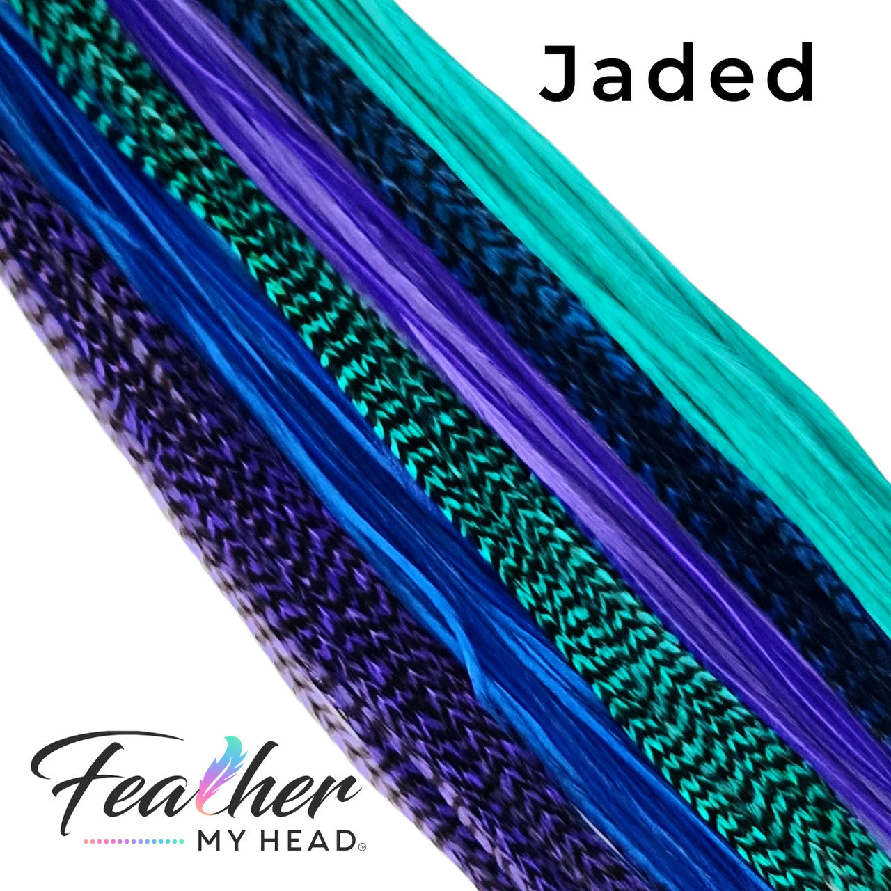Feather My Head hair feathers in colors of aqua green, purple and blue