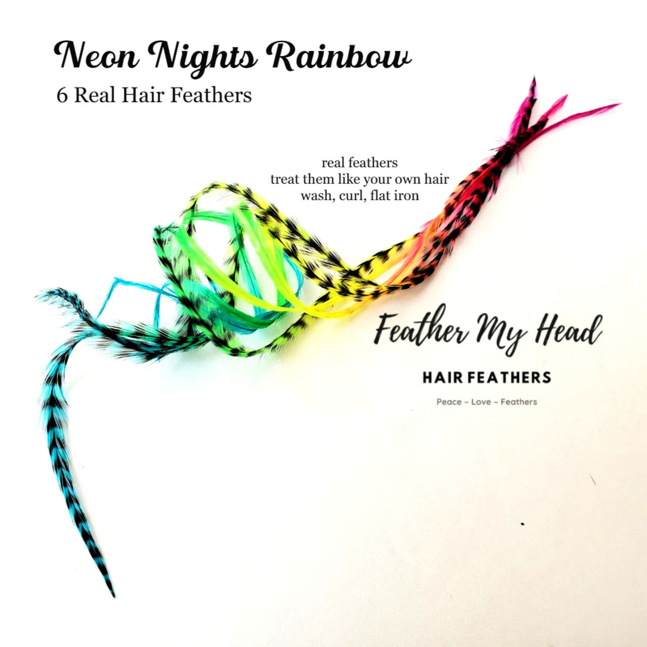 This Neon Nights design has been hand dyed on premium grade hair feathers in a multiple colors  for a rainbow - tie dye effect in shades of pink, orange, yellow, green and blue colors.