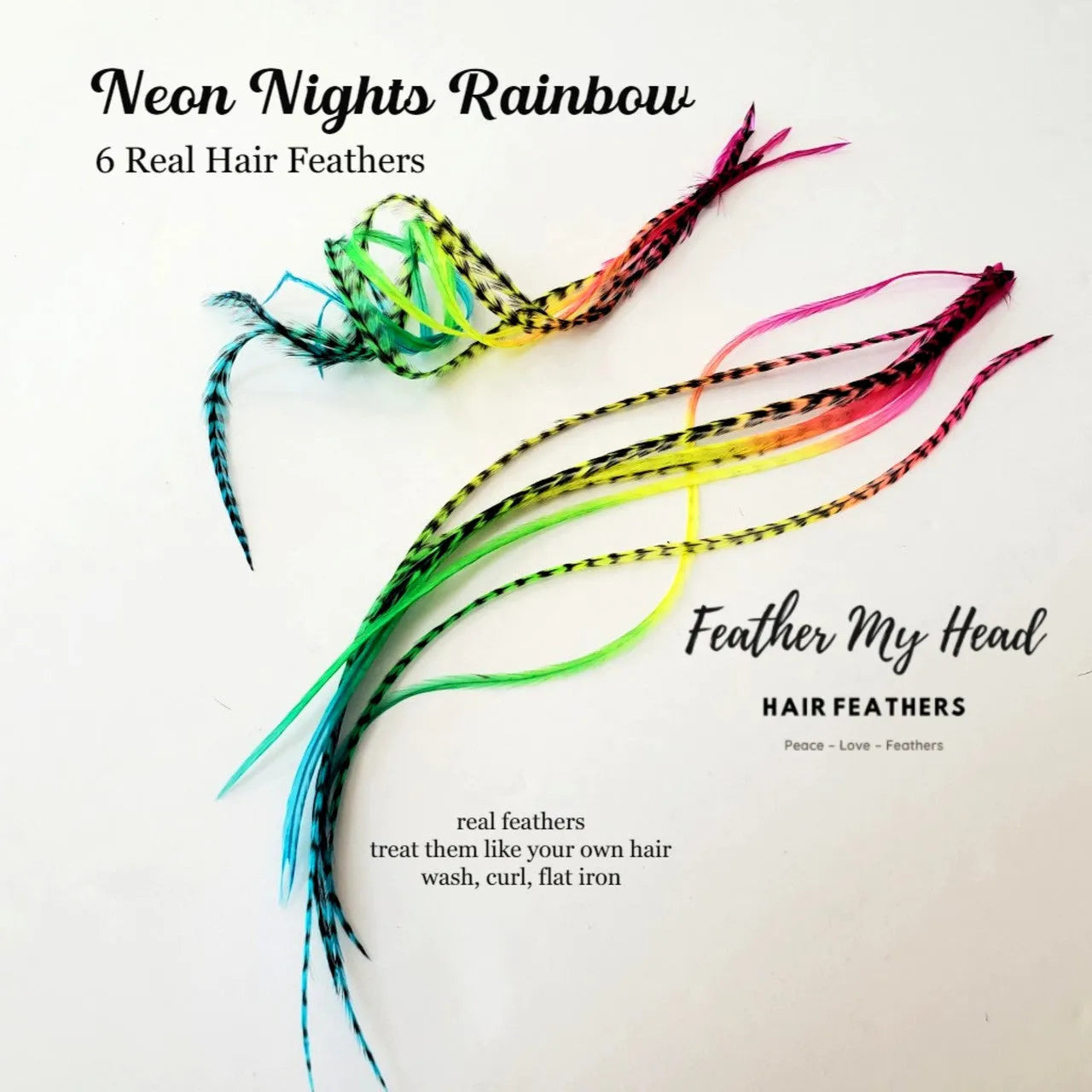 This Neon Nights design has been hand dyed on premium grade hair feathers in a multiple colors for a rainbow - tie dye effect in shades of pink, orange, yellow, green and blue colors.