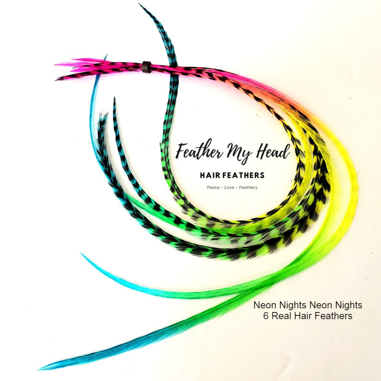 This Neon Nights design has been hand dyed on premium grade hair feathers in a multiple colors  for a rainbow - tie dye effect in shades of pink, orange, yellow, green and blue colors.