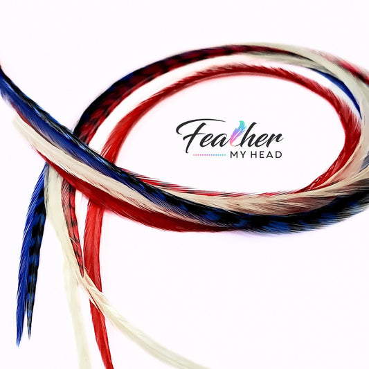 Red, White and Blue hair feathers - feather hair extensions. 6 real rooster feathers with optional feather kit