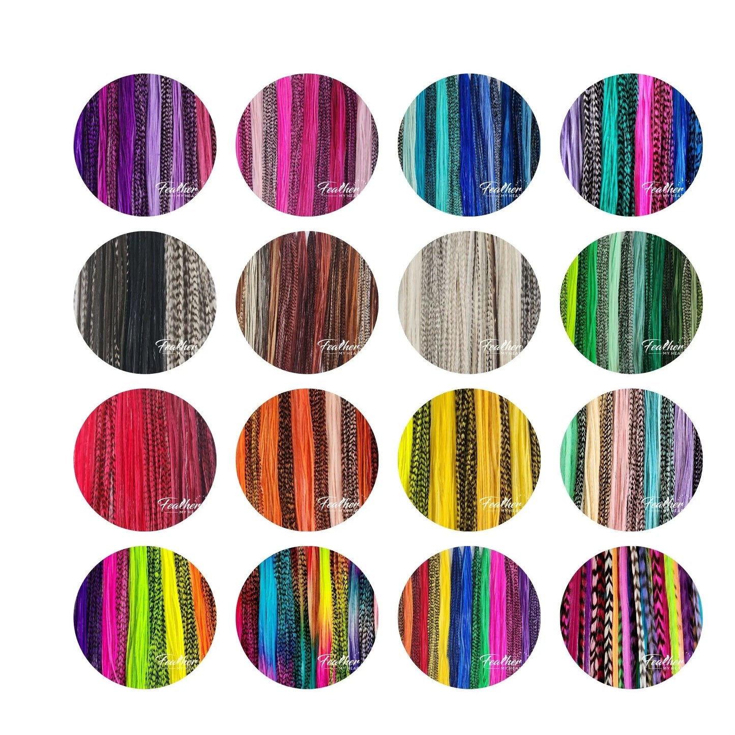 Collection of circular fabric swatches with various patterns and colors on a white background.