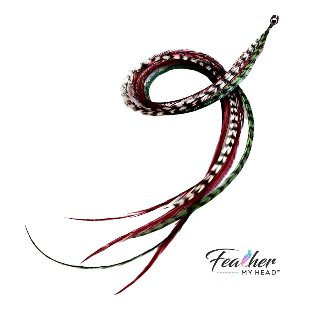Long salon-quality holiday hair feathers in burgundy red, green, and black-white grizzly