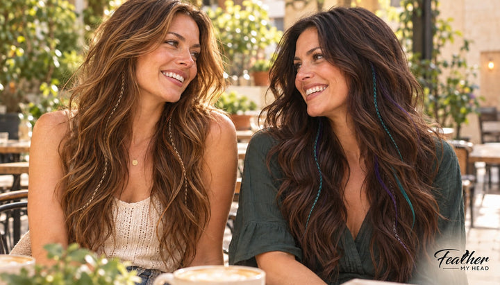 Two women at an outdoor café wearing fine feather hair extensions blended into long waves, with natural brown and cream accents on the left and aqua and purple on the right, and Feather My Head logo.