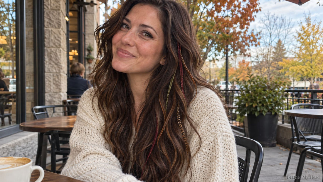 Woman in a cream sweater at an outdoor café wearing long autumn-colored feather extensions blended into wavy brunette hair.