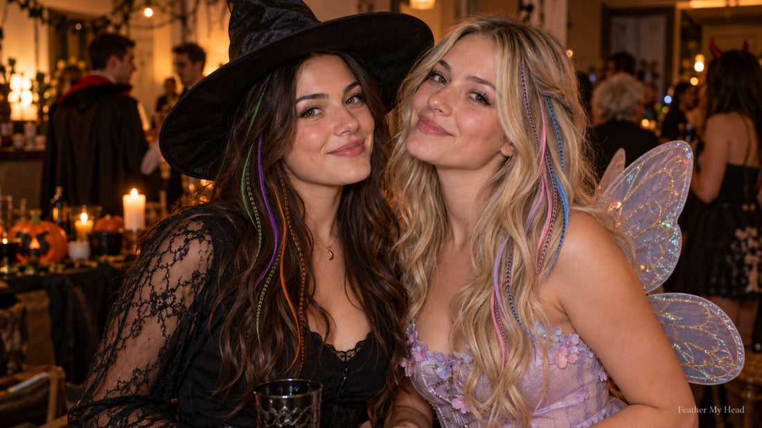 Two women in witch and fairy costumes wearing long colorful feather hair extensions at a Halloween party.