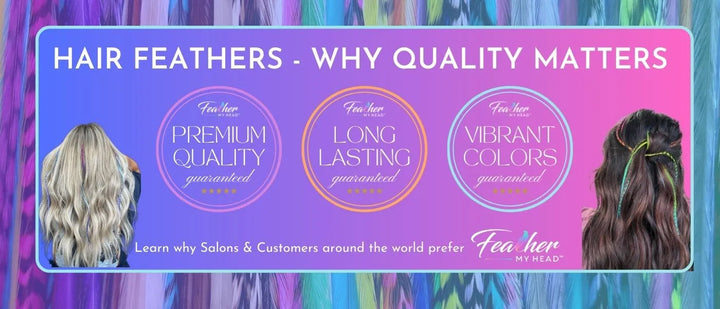 Hair feather extensions quality comparison showing premium fashion-grade rooster feathers versus lower-grade fly-tying feathers