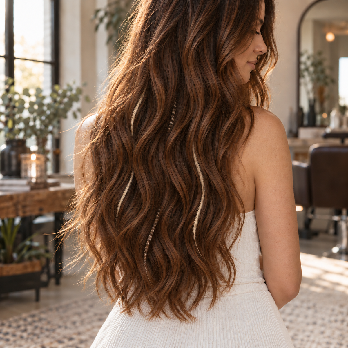 Thin cream and natural grizzly hair feathers tucked beneath long brunette waves.