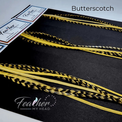Butterscotch yellow - gold feather hair extension kit by Feather My Head hair feathers in long lengths you will love.