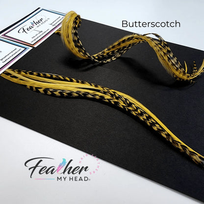 Butterscotch yellow - gold feather hair extension kit by Feather My Head hair feathers in long lengths you will love.