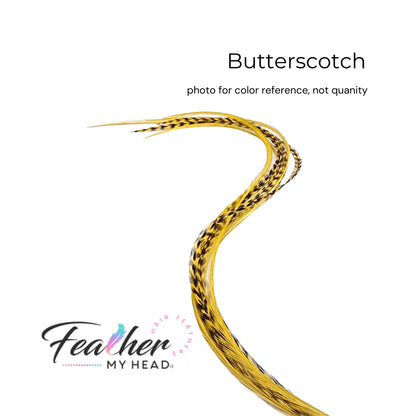 Butterscotch yellow - gold feather hair extension kit by Feather My Head hair feathers in long lengths you will love.