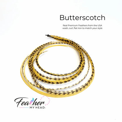 Butterscotch yellow - gold feather hair extension kit by Feather My Head hair feathers in long lengths you will love.