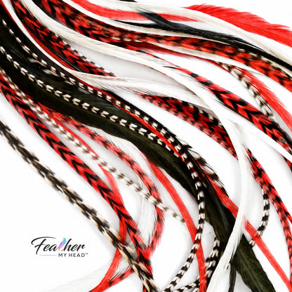 Vixen - Red, Black & White Feather Hair Extensions
