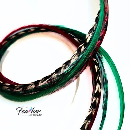 Dive into the holiday fun with our Elfin Around Christmas Collection of feather extensions! This 6-piece pack of hair feather extensions brings a playful touch to your look. With vibrant red, green, classic white, and natural black and white grizzly hair feathers, Elfin Around adds a festive twist to your hair. Get ready to embrace the holiday spirit and Elf Around in style!