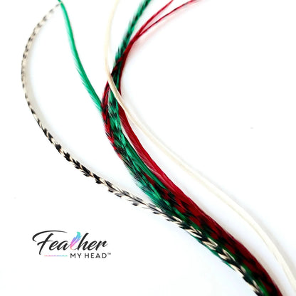 Dive into the holiday fun with our Elfin Around Christmas Collection of feather extensions! This 6-piece pack of hair feather extensions brings a playful touch to your look. With vibrant red, green, classic white, and natural black and white grizzly hair feathers, Elfin Around adds a festive twist to your hair. Get ready to embrace the holiday spirit and Elf Around in style!