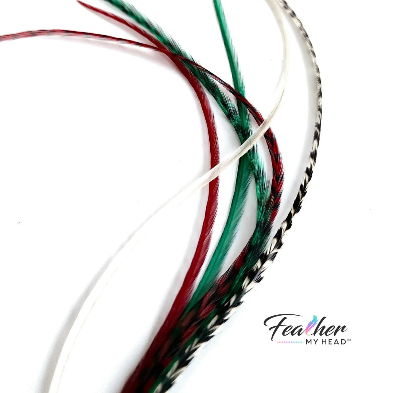 Dive into the holiday fun with our Elfin Around Christmas Collection of feather extensions! This 6-piece pack of hair feather extensions brings a playful touch to your look. With vibrant red, green, classic white, and natural black and white grizzly hair feathers, Elfin Around adds a festive twist to your hair. Get ready to embrace the holiday spirit and Elf Around in style!