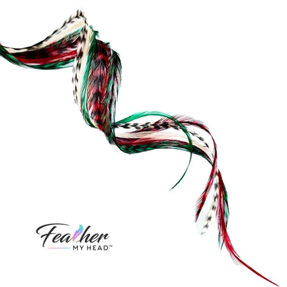 Dive into the holiday fun with our Elfin Around Christmas Collection of feather extensions! This 6-piece pack of hair feather extensions brings a playful touch to your look. With vibrant red, green, classic white, and natural black and white grizzly hair feathers, Elfin Around adds a festive twist to your hair. Get ready to embrace the holiday spirit and Elf Around in style!