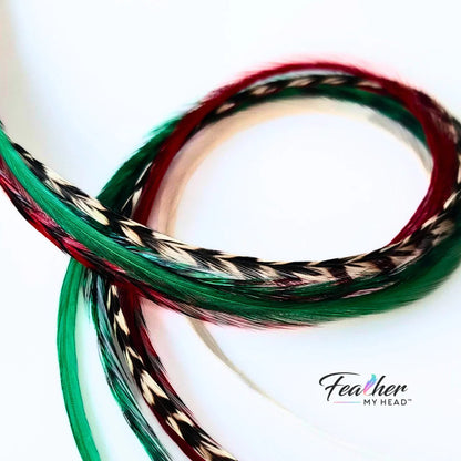 Dive into the holiday fun with our Elfin Around Christmas Collection of feather extensions! This 6-piece pack of hair feather extensions brings a playful touch to your look. With vibrant red, green, classic white, and natural black and white grizzly hair feathers, Elfin Around adds a festive twist to your hair. Get ready to embrace the holiday spirit and Elf Around in style!