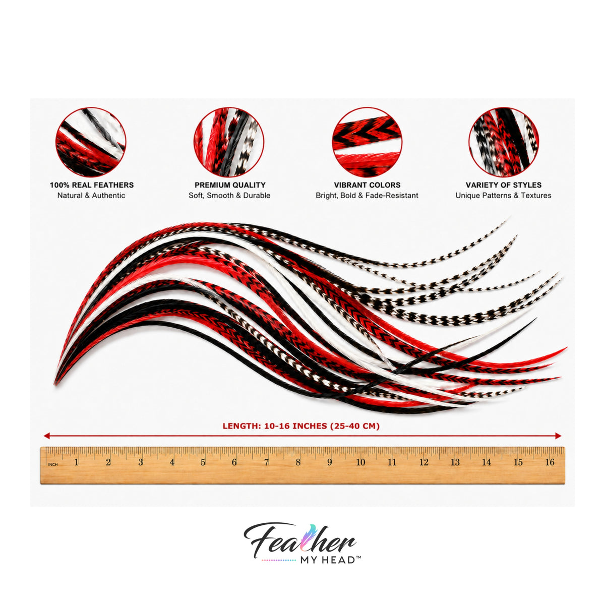 Vixen - Red, Black & White Feather Hair Extensions